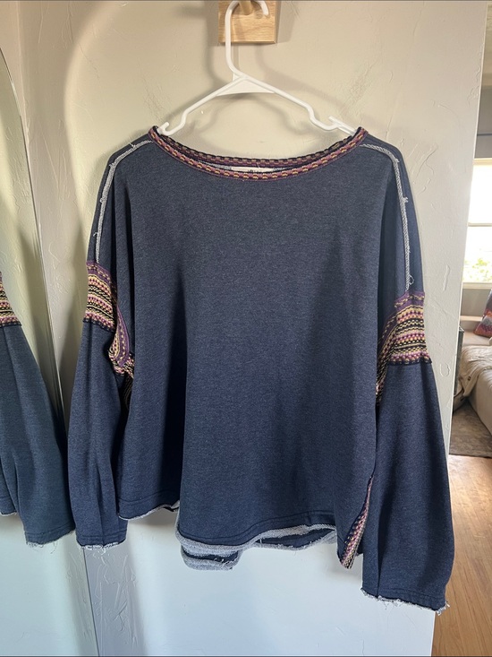 NATURAL LIFE Tops - NATURAL LIFE Heather Navy Sweater with Multicolor Trim
